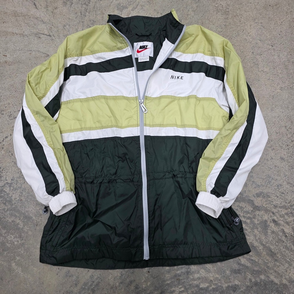 Vintage‎ Nike Windbreaker Jacket Full Zip Striped Olive Green White Black